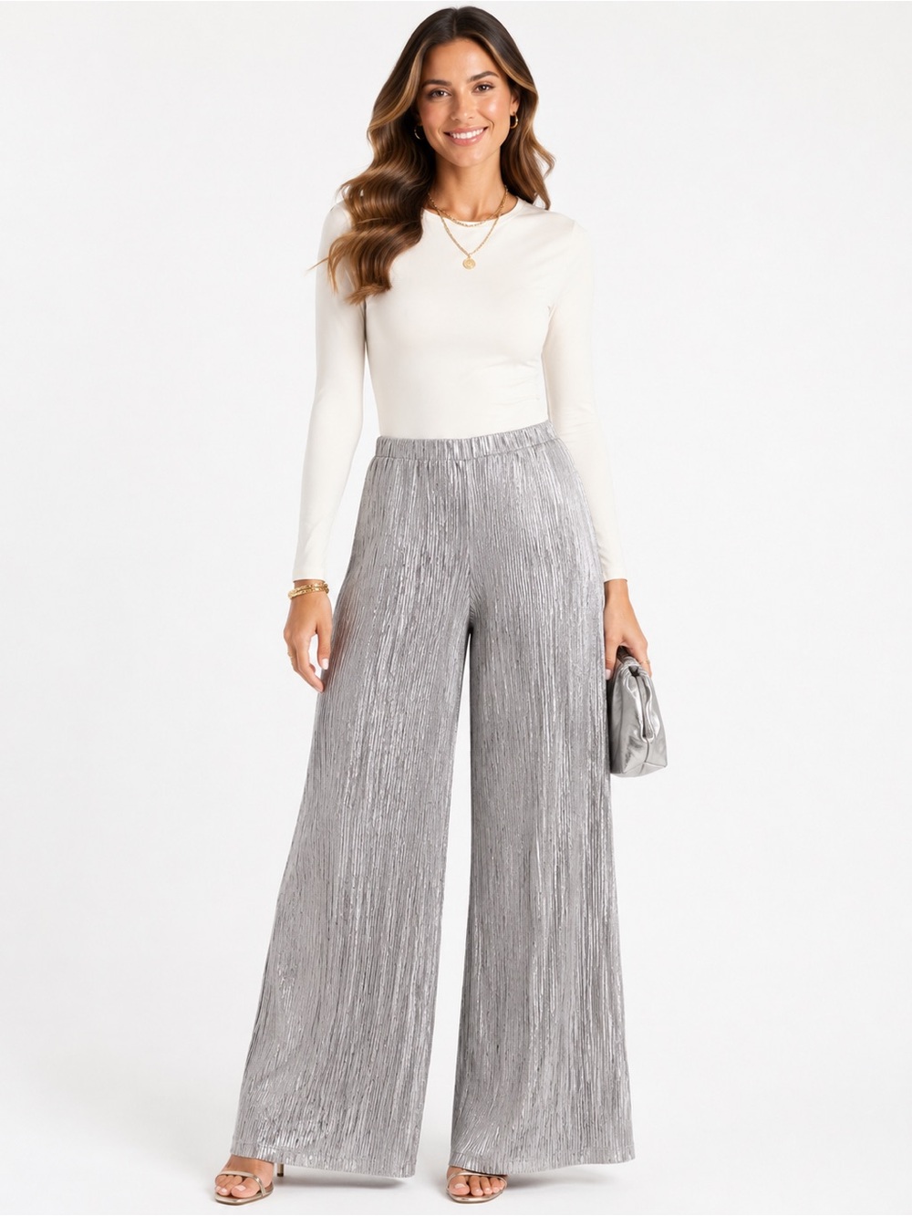 Banana Republic Silver Metallic Wide-Leg Pleated Pants
